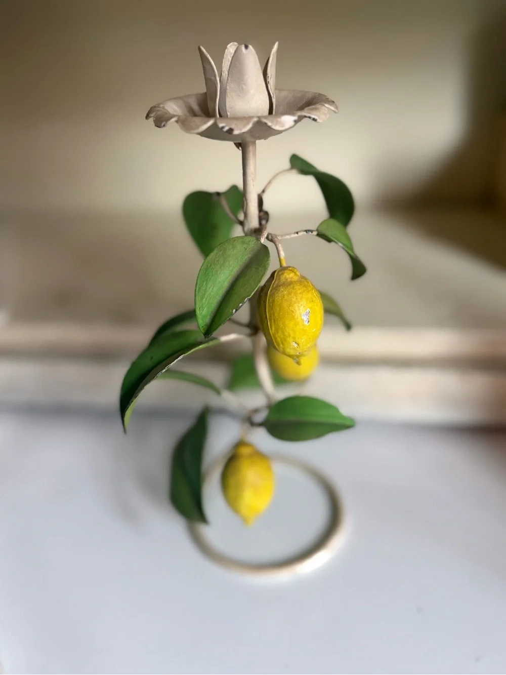 Vintage Italian painted lemon tree tole candlestick- rare- original tag attached